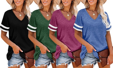 Womens V Neck Short Sleeve Striped T Shirt Color Block Tunic Blouse Tops M Green