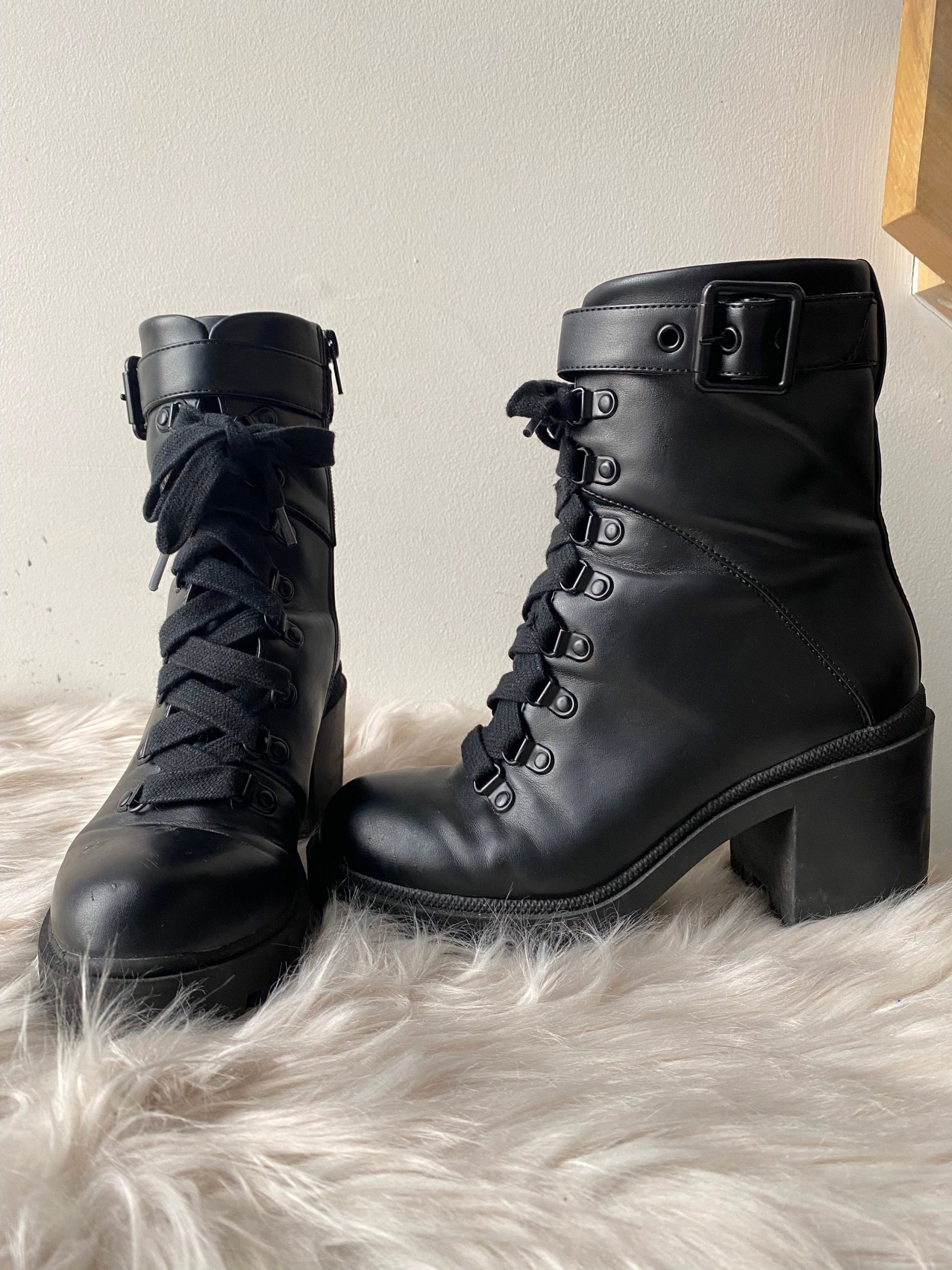 Women's Vegan Leather Black Buckle Combat Boots With Chunky Heel Lug Sole Goth Grunge Punk 90's Y2K