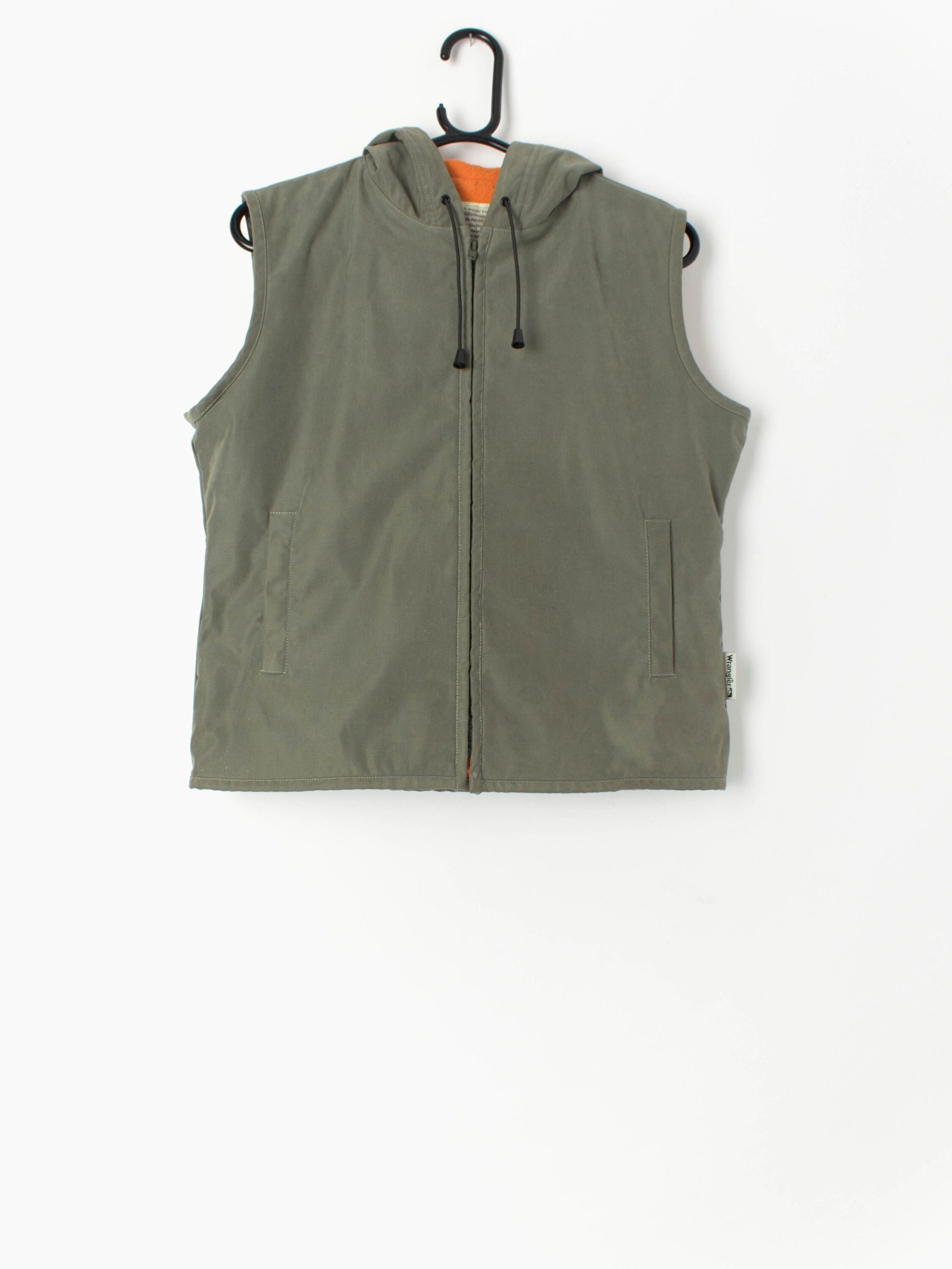 Women's Vintage Wrangler Fleece-Lined Gilet in Khaki Green & Orange With Hood Y2K - Medium