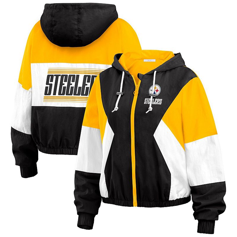 Women's WEAR by Erin Andrews Black Pittsburgh Steelers Color Block Full-Zip Windbreaker Jacket, Size: XL