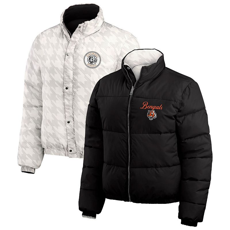 Women's WEAR by Erin Andrews Black/White Cincinnati Bengals Reversible Cropped Full-Zip Puffer Jacket, Size: Large