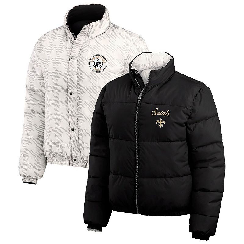 Women's WEAR by Erin Andrews Black/White New Orleans Saints Reversible Cropped Full-Zip Puffer Jacket, Size: Small