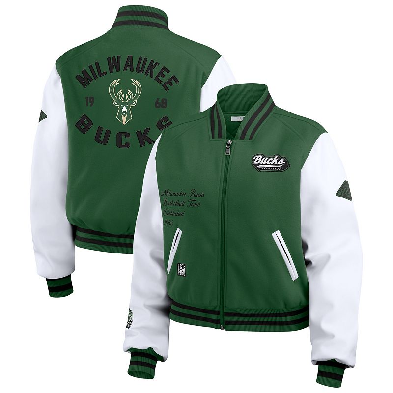 Women's WEAR by Erin Andrews Hunter Green/White Milwaukee Bucks Cropped Varsity Full-Zip Jacket, Size: 2XL, Team