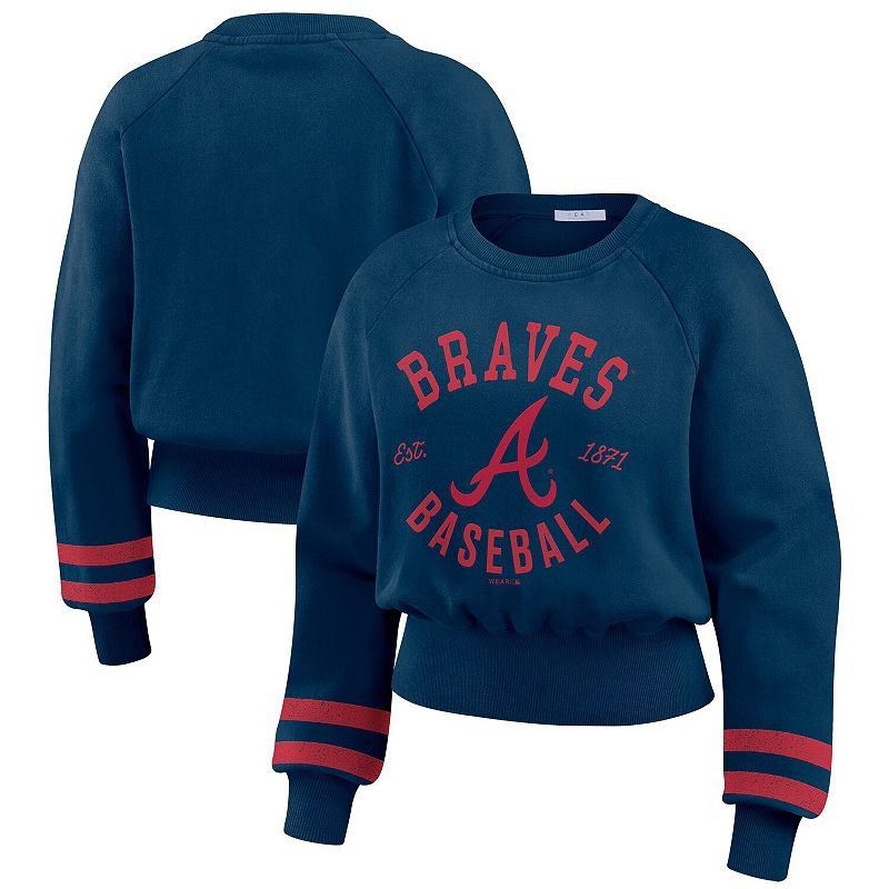 Women's WEAR by Erin Andrews Navy Atlanta Braves Vintage Washed Cropped Pullover Sweatshirt, Size: Large, Blue