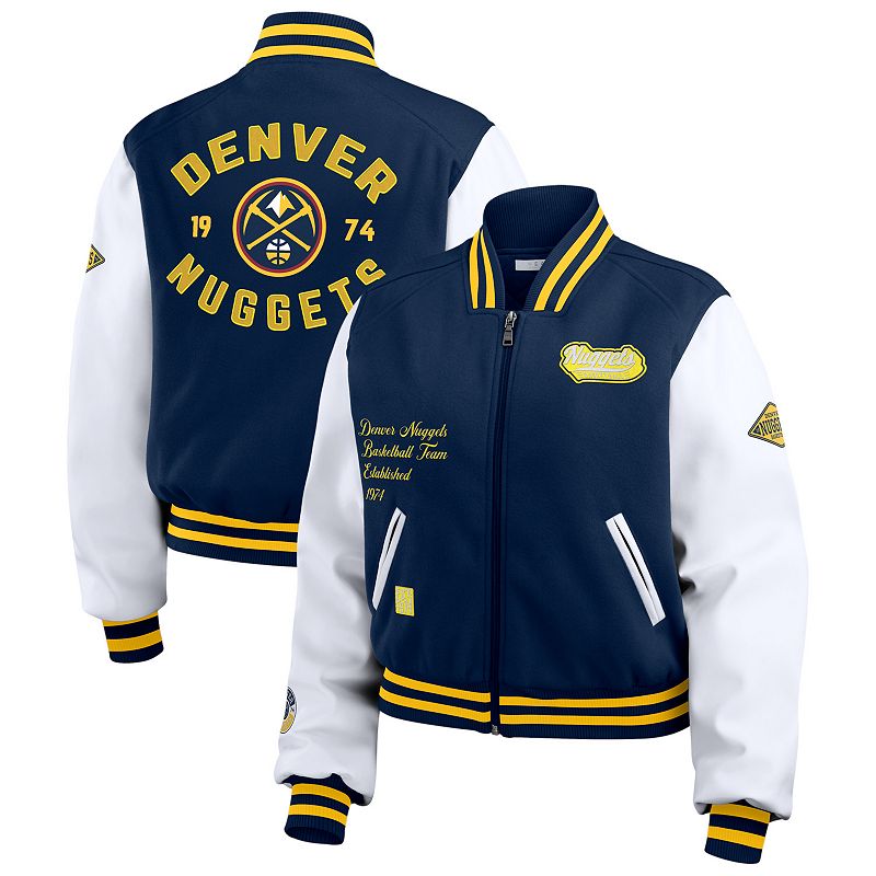 Women's WEAR by Erin Andrews Navy/White Denver Nuggets Cropped Varsity Full-Zip Jacket, Size: XL, Nug Blue