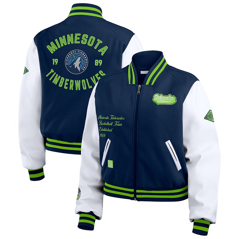 Women's WEAR by Erin Andrews Navy/White Minnesota Timberwolves Cropped Varsity Full-Zip Jacket, Size: Large, Blue