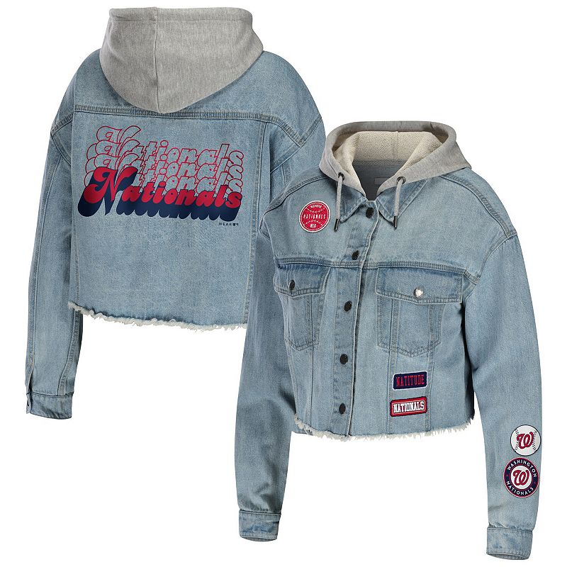 Women's WEAR by Erin Andrews Washington Nationals Hooded Button-Up Denim Jacket, Size: XL, Turquoise A