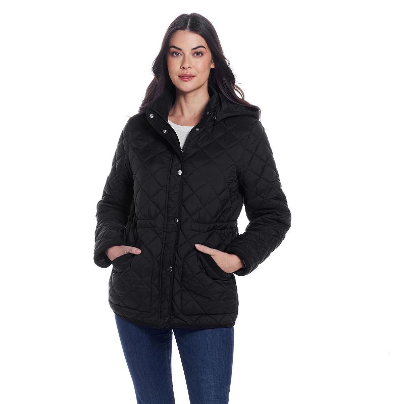 Women's Weathercast Corduroy Trimmed Quilted Anorak Jacket, Size: Small, Black