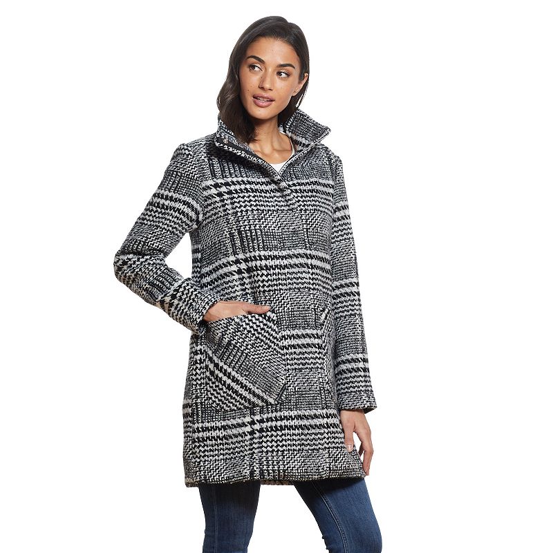 Women's Weathercast Plaid Wool-Blend Topper Coat, Size: XL, Black White