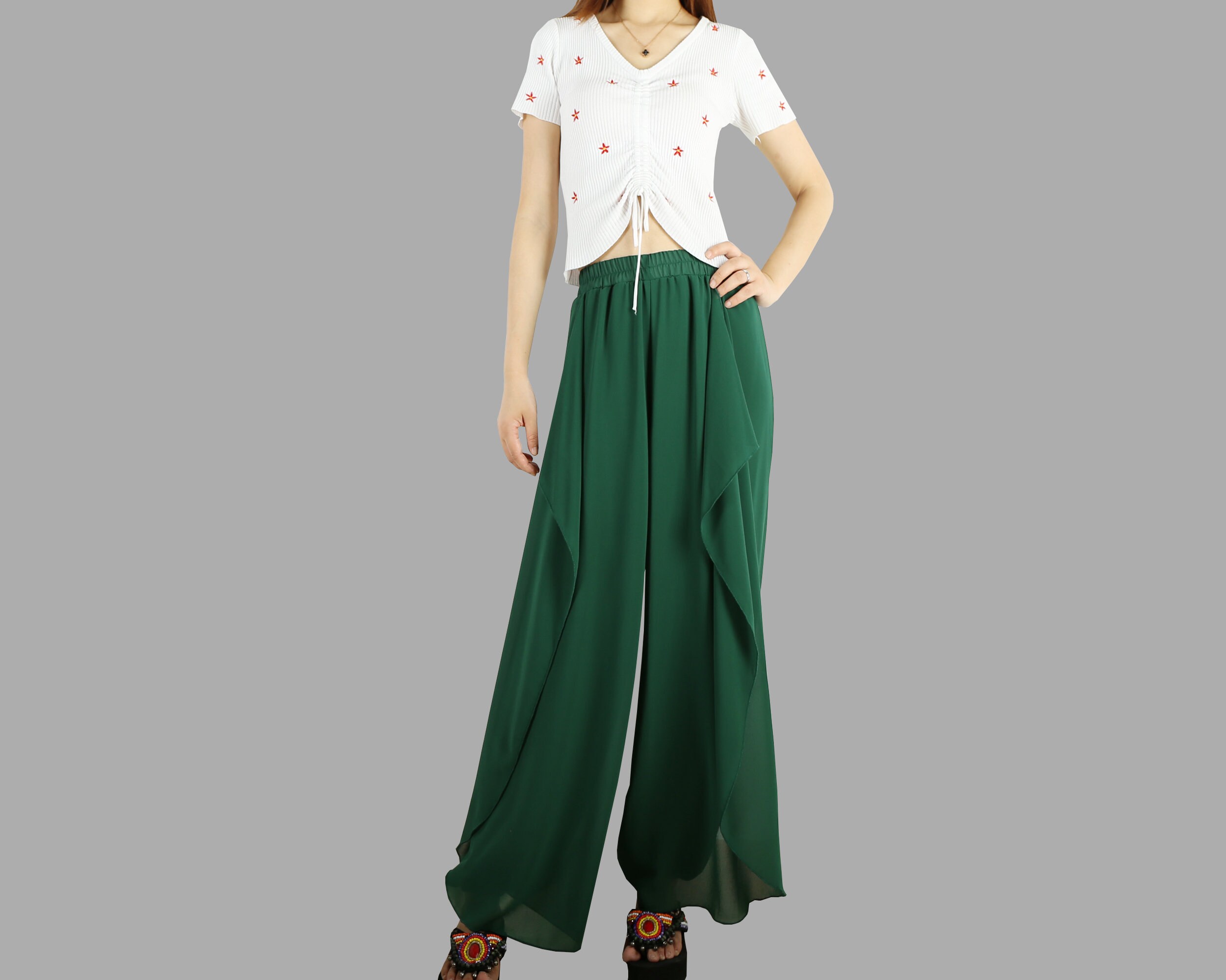 Women's Wide Leg Chiffon Pants, Asymmetrical Skirt Elastic Waist Trousers, High Light Weight Red Pants(K1005