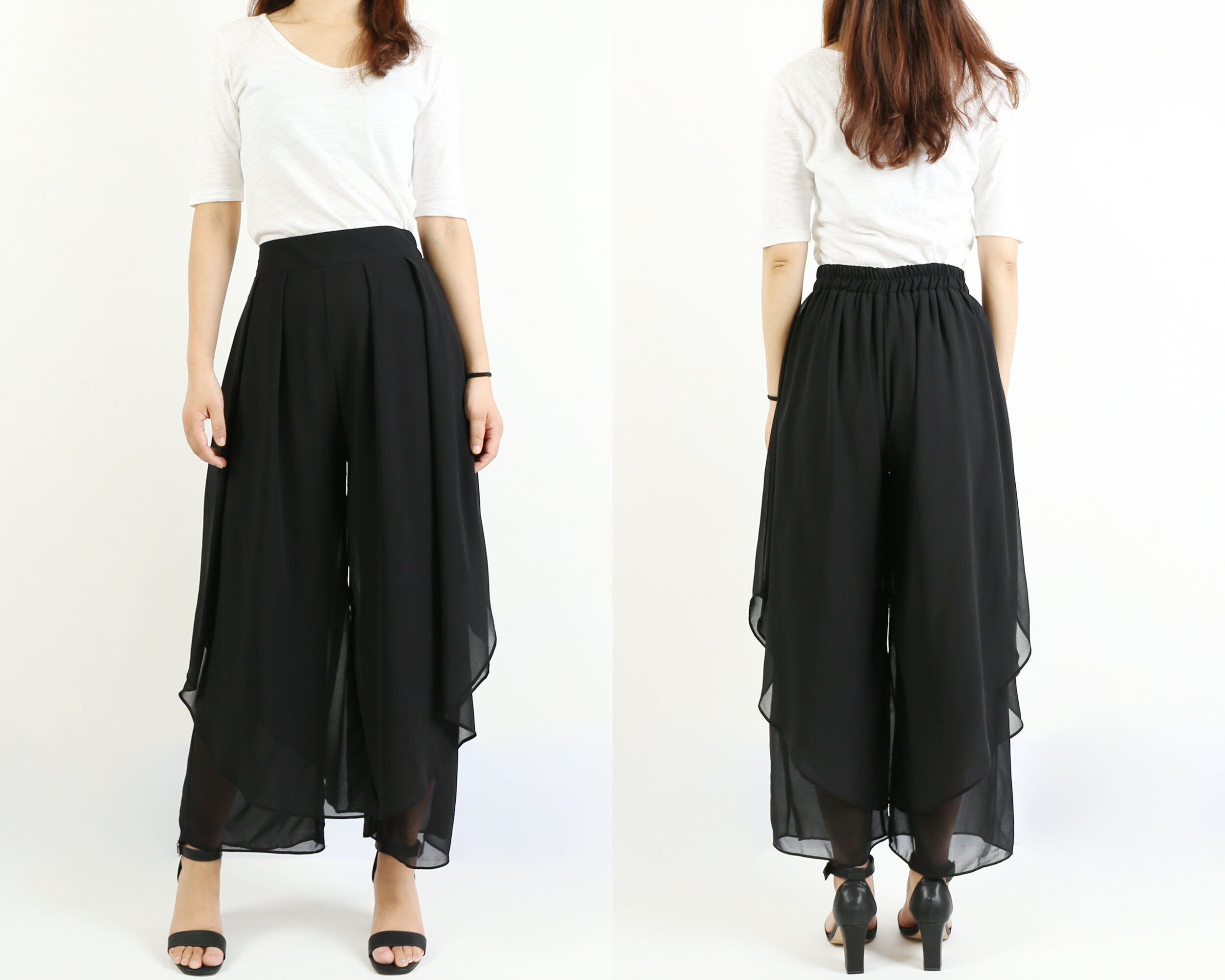 Women's Wide Leg Pants, Chiffon Asymmetrical Skirt Elastic Waist Trousers, High Light Weight Pants(K1008