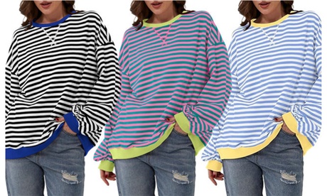 Women'sClassic Striped Oversized Crewneck Sweatshirt M Orange