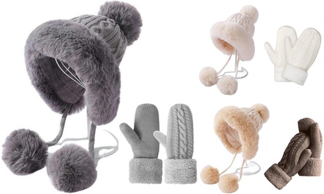 Women'sFuzzy Pom Plush Knit Beanie and Winter Fleece-Lined Mittens Glove Set Grey