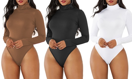 Women'sMock Turtle Neck Long Sleeve Tops Bodysuit Jumpsuit S Brown Body Shaper