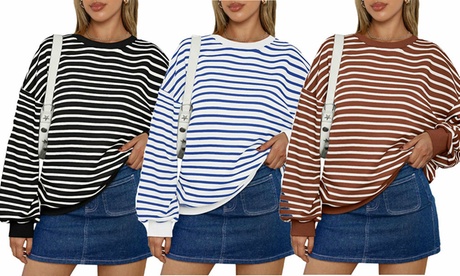 Women'sOversized Crewneck Striped Sweatshirt XL Black