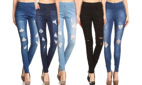 Women'sStretchy Jeans Pull-On Skinny Ripped Denim Jeggings S-3XL Light Blue Small (2-4)