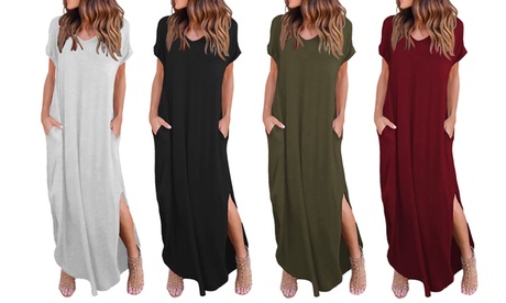 Women'sSummer Maxi Dress Casual Loose Pockets Long Dress Short Sleeve Split M Black