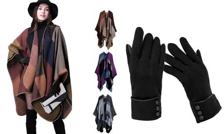 Women'sWinter Plaid Cape Coat Blanket Shawls & Touch Screen Windproof Gloves Black Scarf & Black Gloves