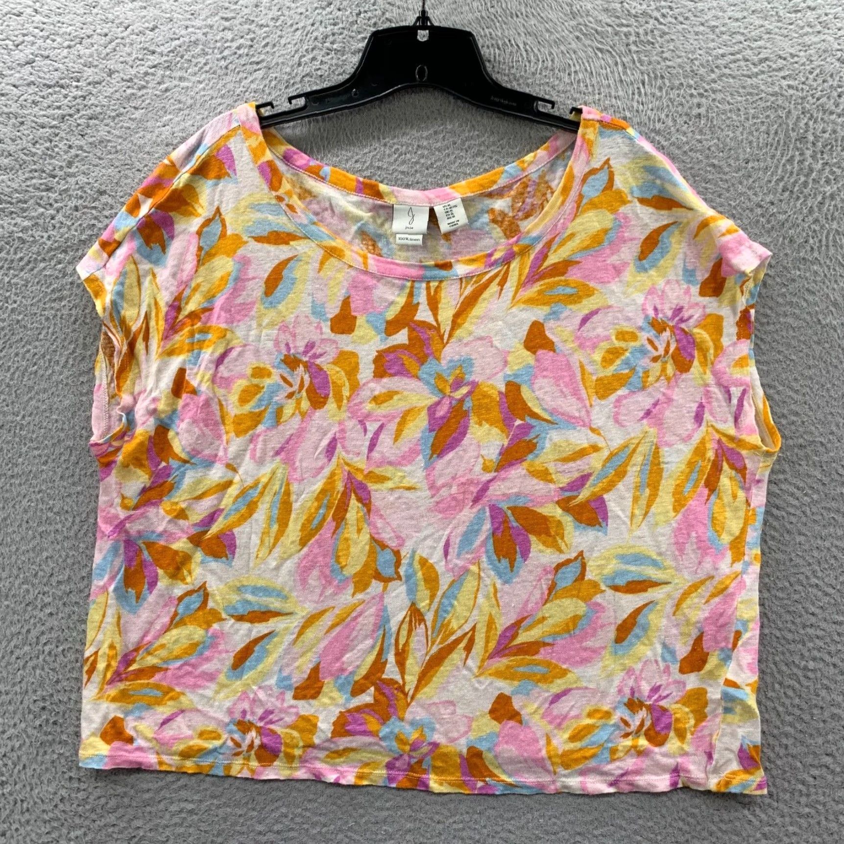 Womensxl Floral Pink Blue Orange Short Sleeve Linen Crop Top Blouse By Joie in White, Women's