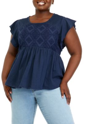 Wonderly Women's Plus Size Embroidered Peplum Knit Top, Blue, 3X