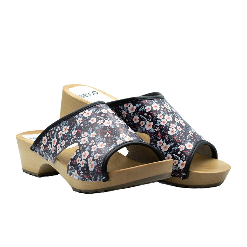 Wooden Clogs With Open Toe Made Of Natural Leather in Flowers Black & Alder Wood Available Women Sizes 35-41 Eu From Bresco Clogs