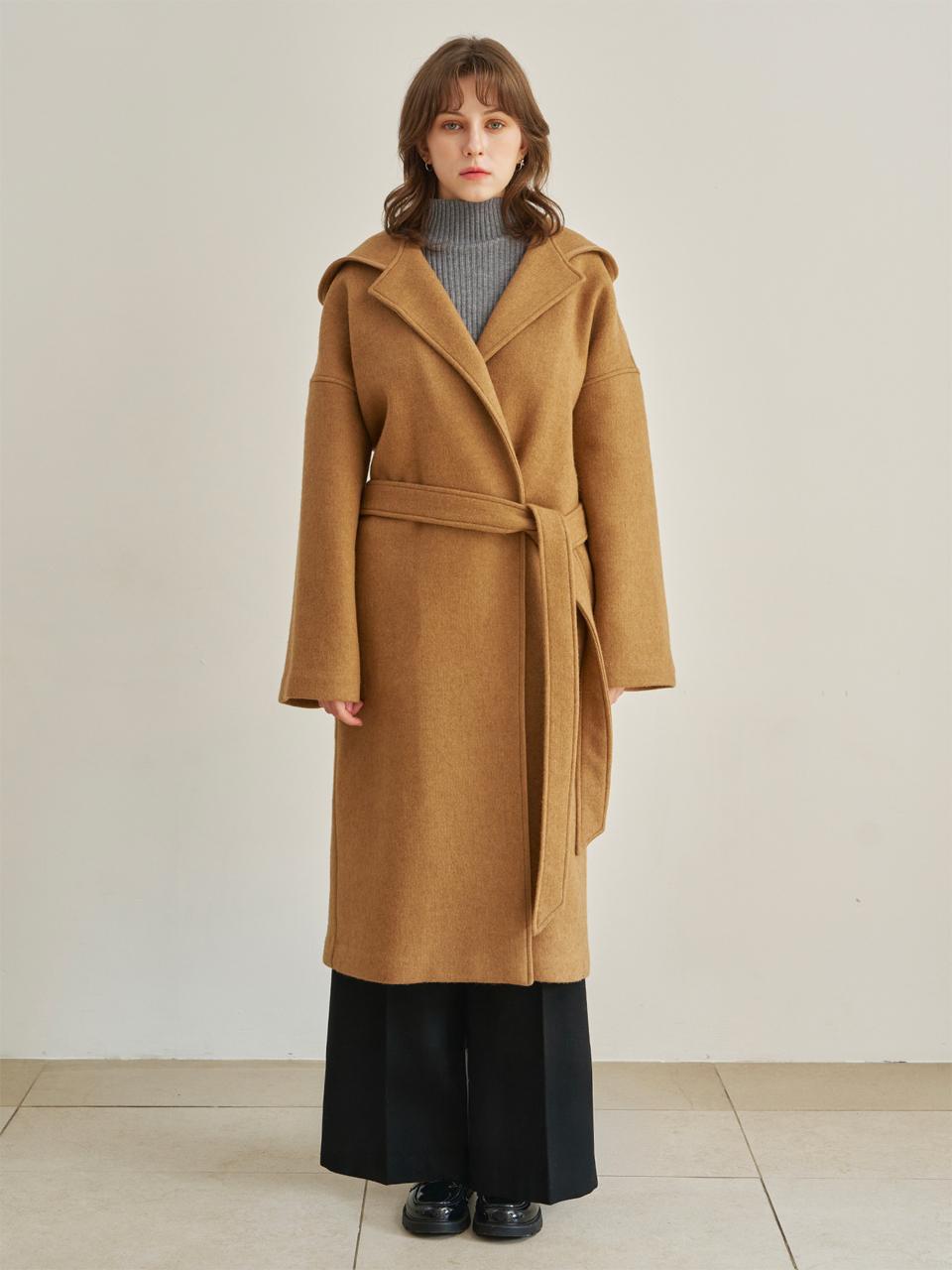 Wool Blend Hooded Long Coat [Camel]