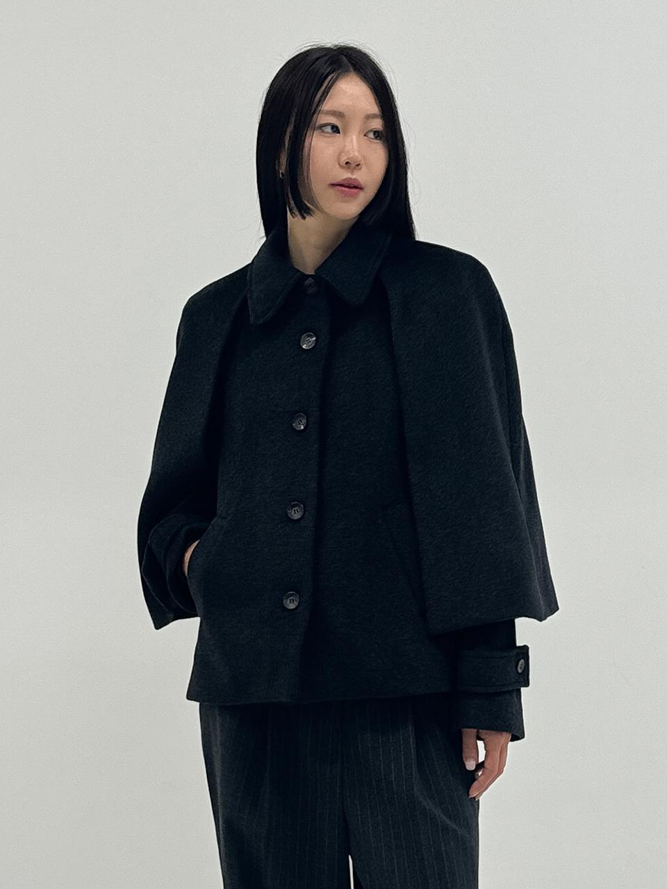 Wool Blend Quilted Lining Cape Short Coat Charcoal