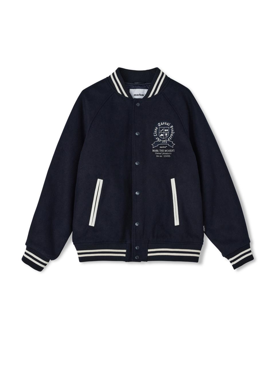 Wool Blend Varsity Relaxed Fit Jacket [Navy]