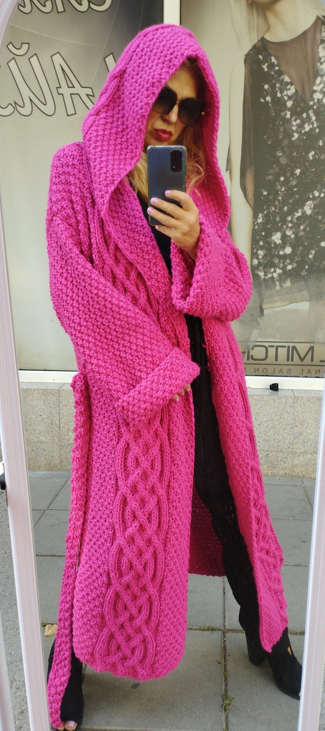 Wool Cable Knit Coat, Oversize Deep Hood Cardigan, Volume Sleeves Hand Knitting Fuchsia Floor Length