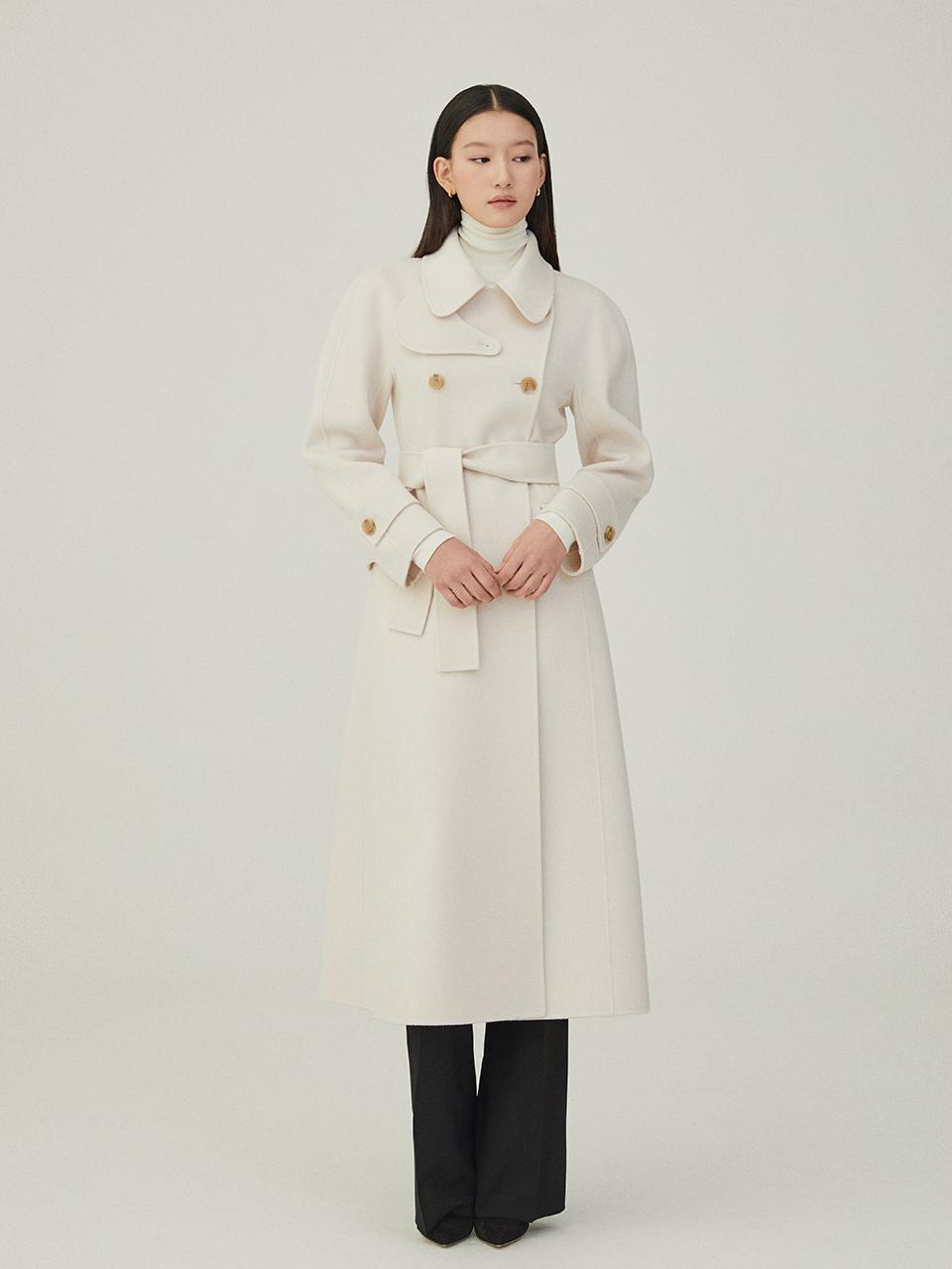 Wool-Cashmere Double-Breasted Kimono Sleeve Coat [White]