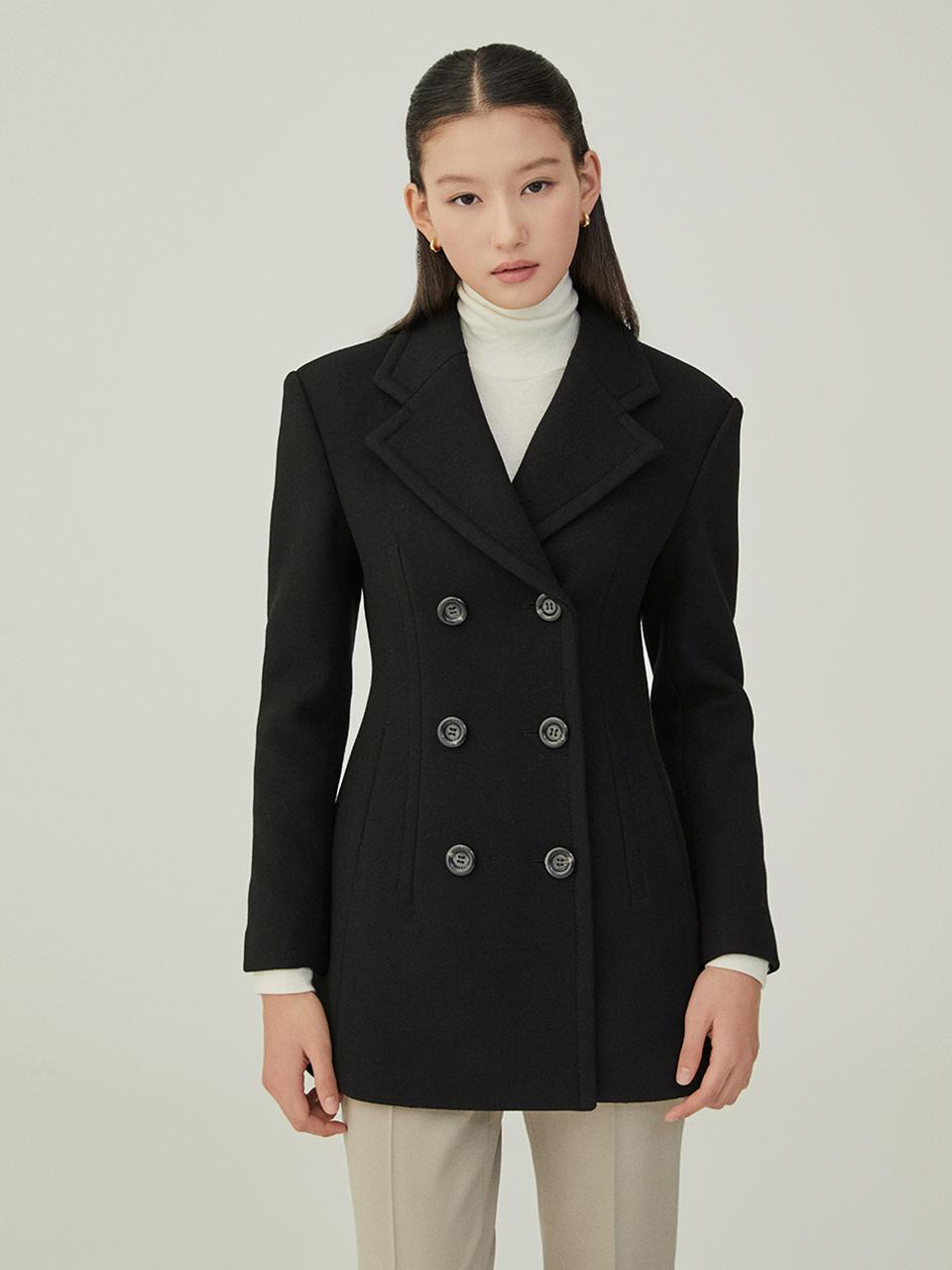 Wool Cashmere Double-Faced Pea Coat [Black]