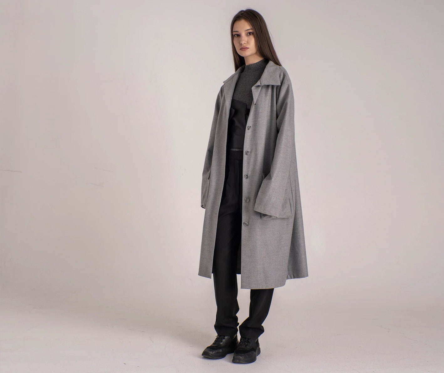 Wool Shacket Coat With Buttons & Pockets, Long Oversized Winter Jacket, Minimalist Modern Woolen Overcoat, Wide Chunky For Ladies