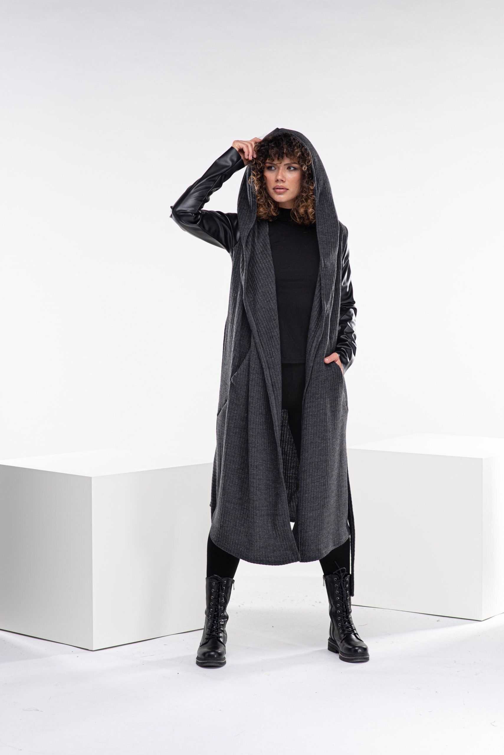 Wool Witch Cloak, Wrap Boyfriend Cardigan, Gothic Sweater Coat, Hooded Cape Plus Size Grunge Clothing