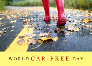 World Car-Free Day Sept 22 with Red Rain Boots on Leafy Road Greeting Card