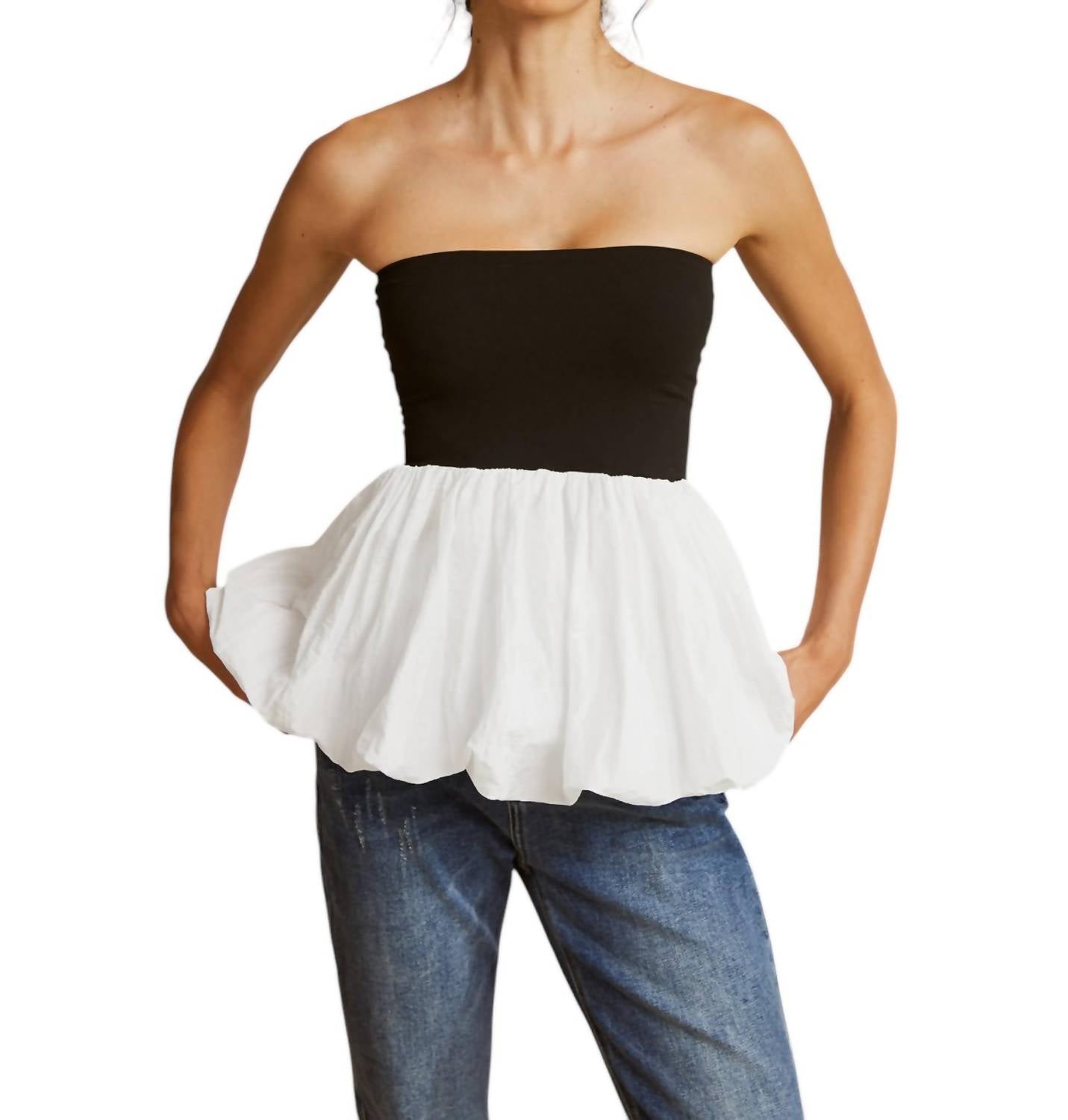 Worth The Effort Strapless Peplum Top In Black/natural