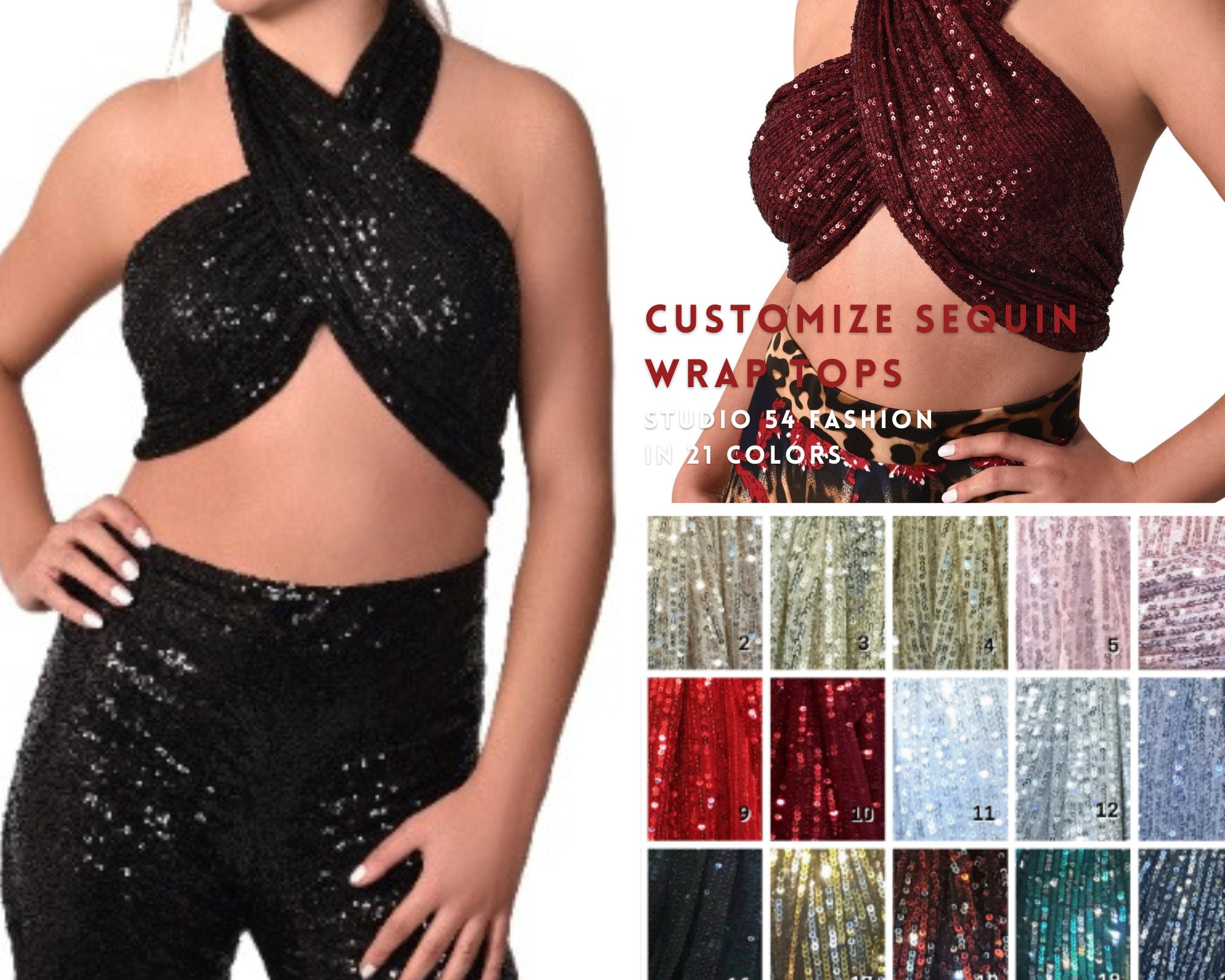 Wrap Top, Halter Convertible Silver Sequin Studio 54 Clothing, Neck Custom Versatile Top