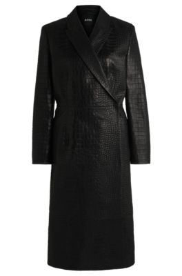 Wrap-front coat in crocodile-embossed leather- Black Women's Casual Coats size 4