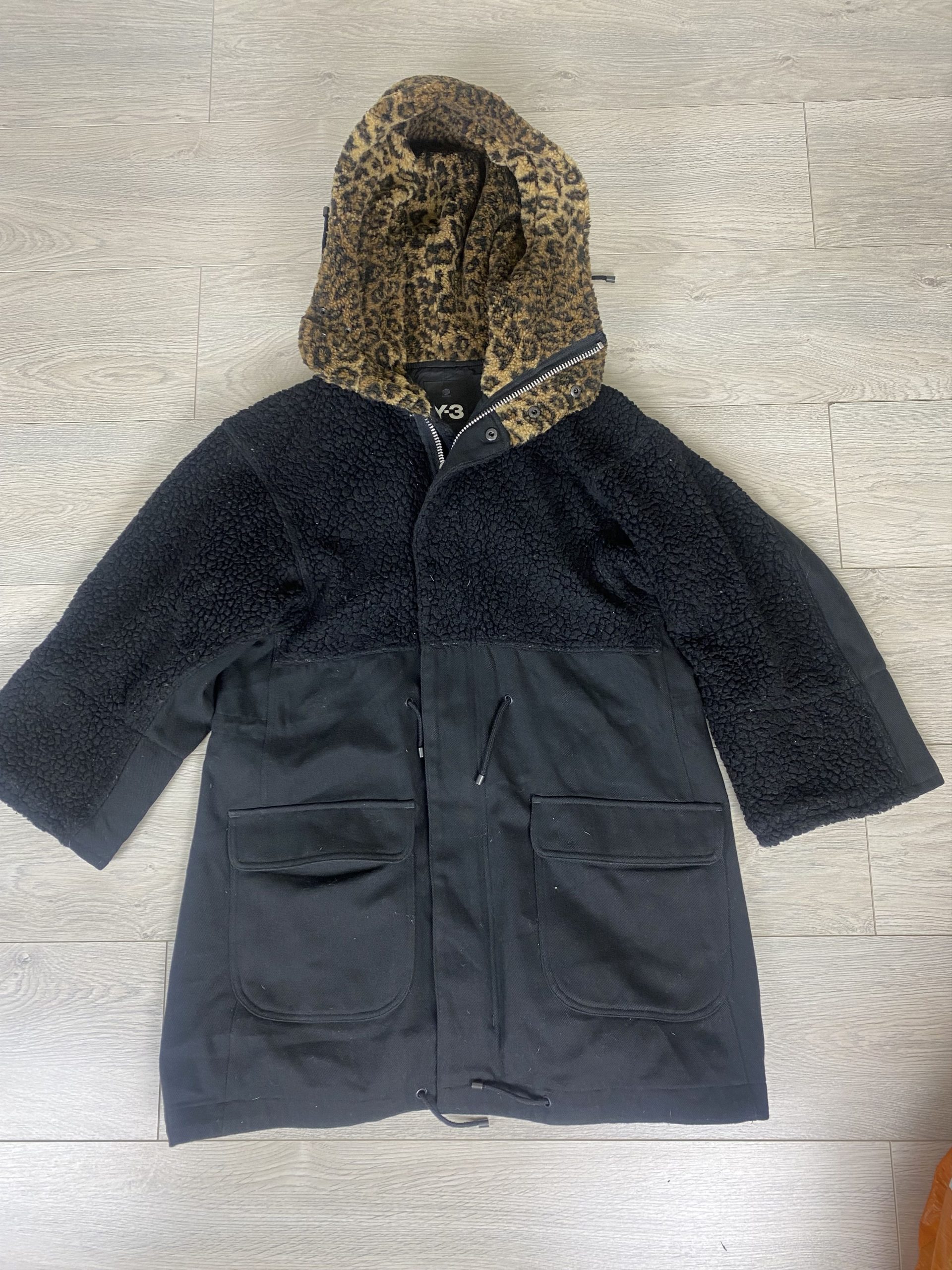 Y 3 x Yohji Yamamoto Y-3 Fishtail Leopard Parka Jacket in Black, Women's (Size XS)