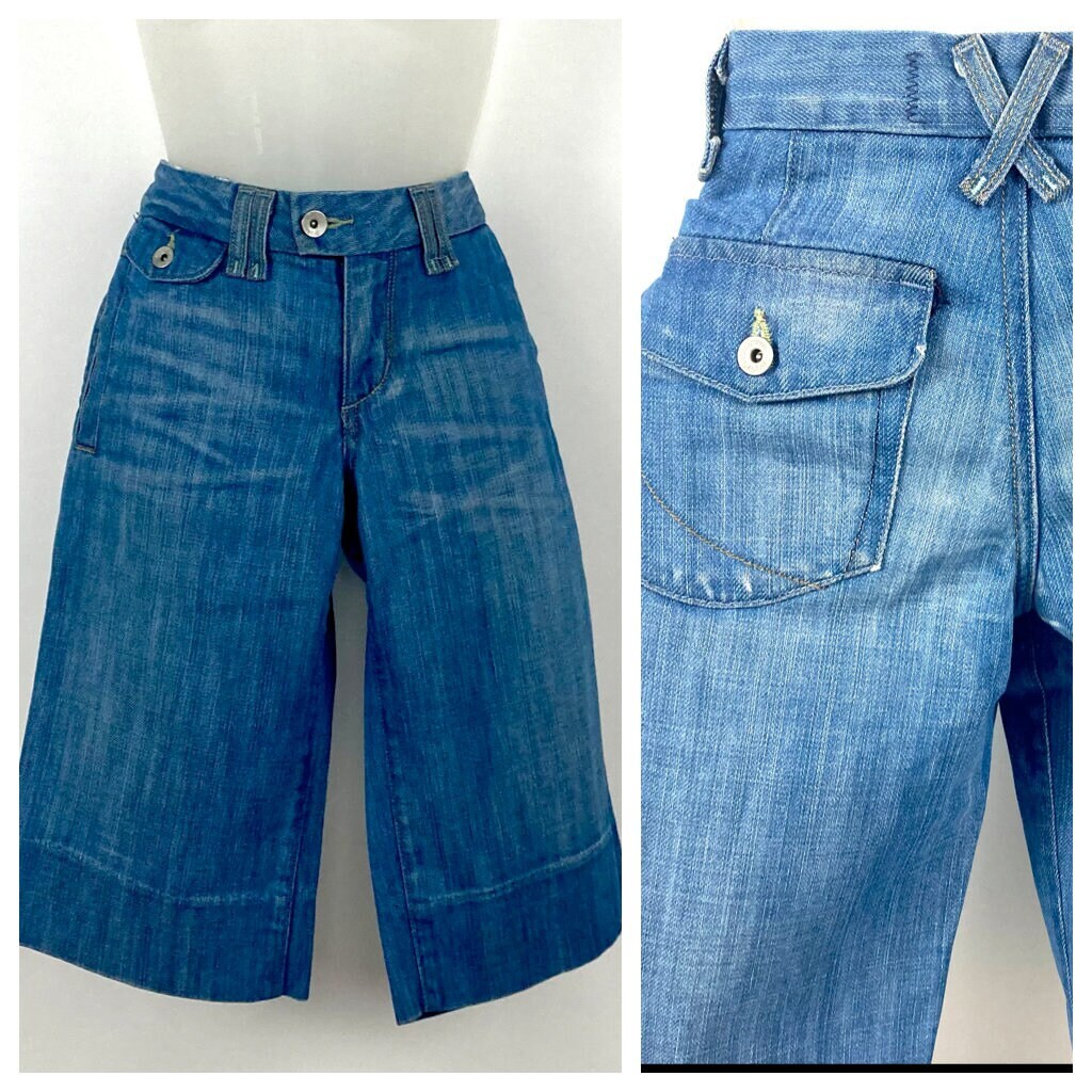 Y2K Blue Denim Cropped Jeans 24 Culottes Wide Leg Low Rise Pants