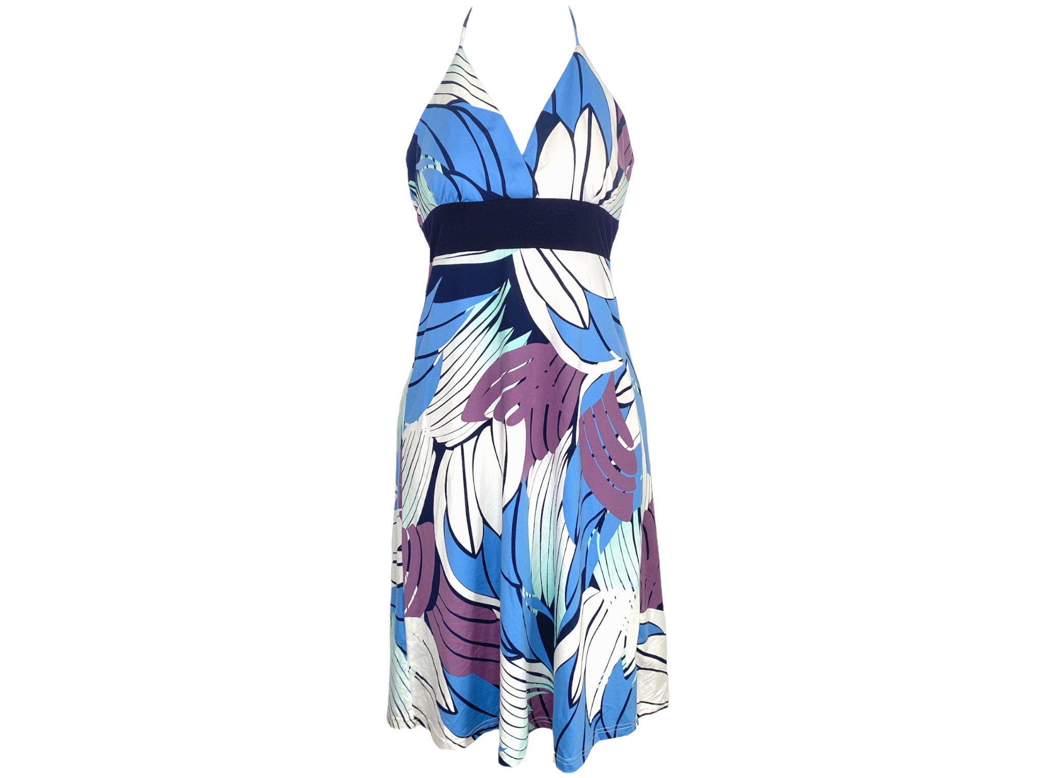 Y2K Floral Halter Dress 90S Blue, Purple, White Midi Party Vintage 1990S Backless Neck Grunge Hipster Cocktail - S