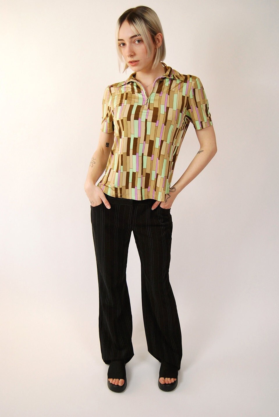 Y2K Geometric Polo | S Vintage Beige Pattern Women Top Small