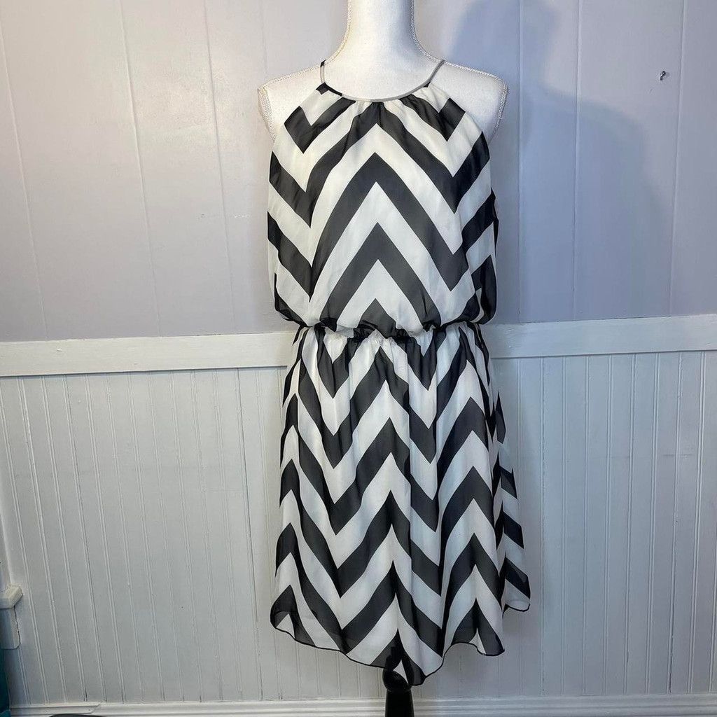 Y2K Guess Black & White Chevron Sheer Halter Neck Dress, Women's (Size Medium)