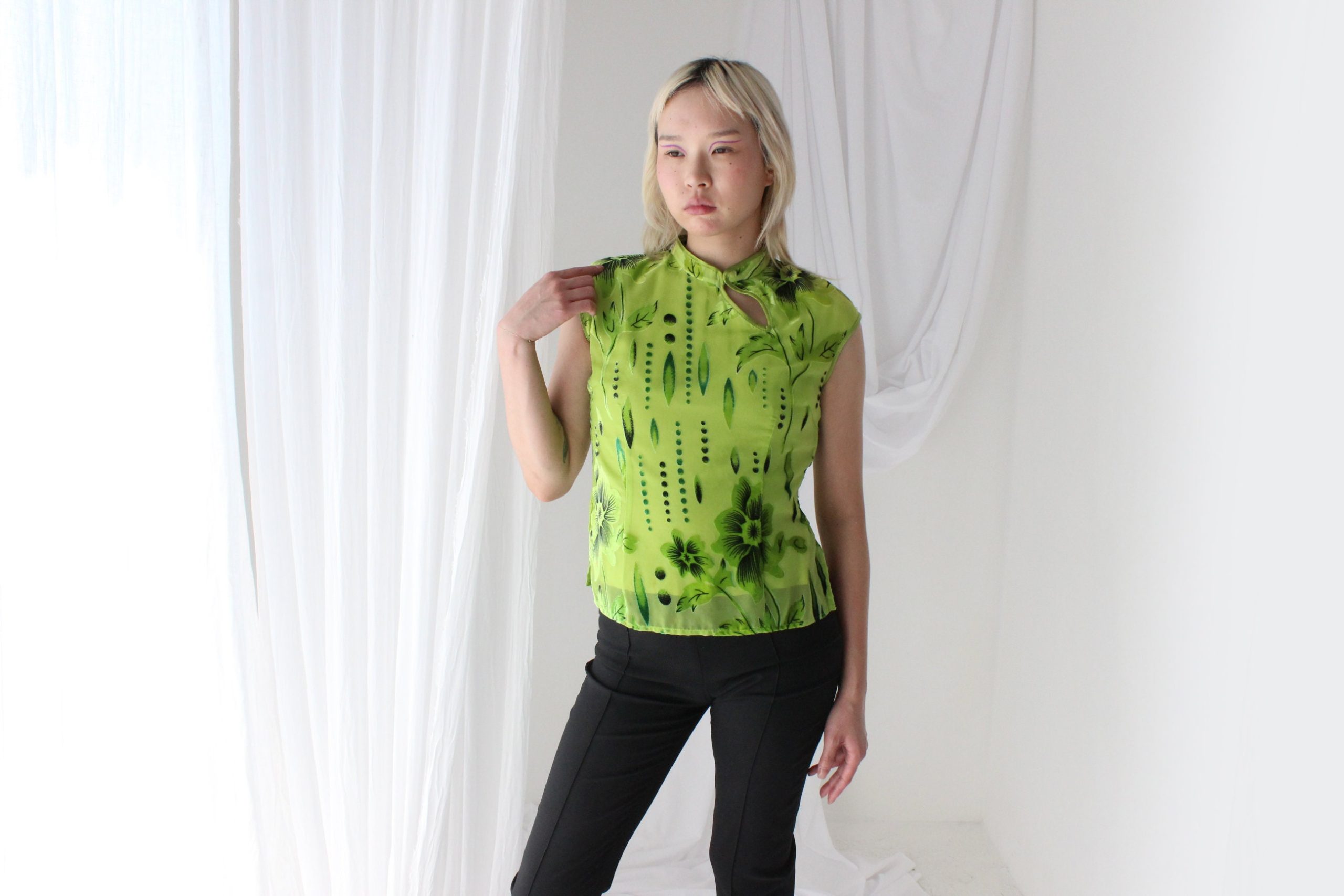 Y2K Mesh with Silk Velvet Floral Cheongsam Collar/High Neck Fitted Crop Top