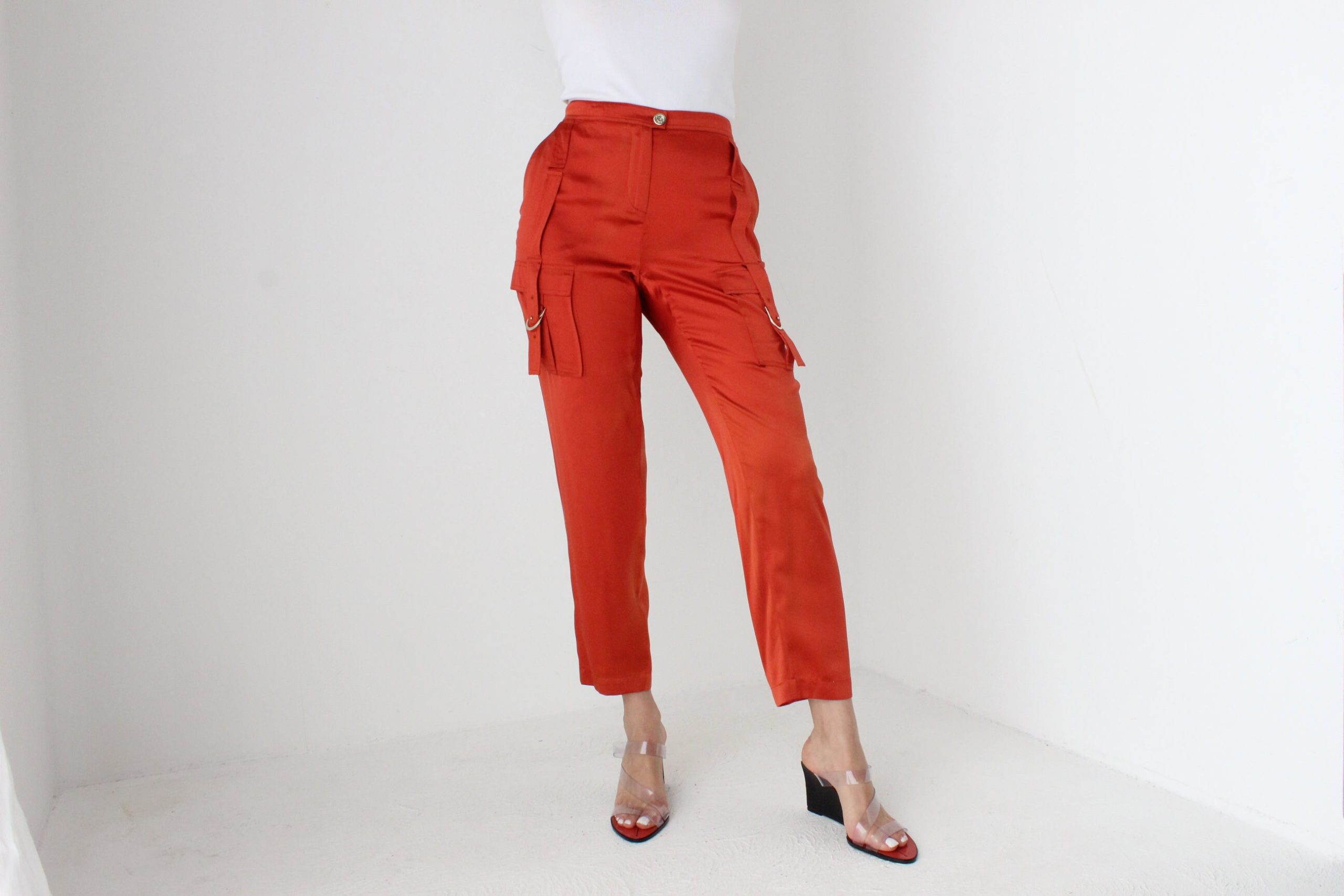 Y2K Roberto Cavalli Pure Silk Burnt Orange Cropped Cargo Pocket Pants