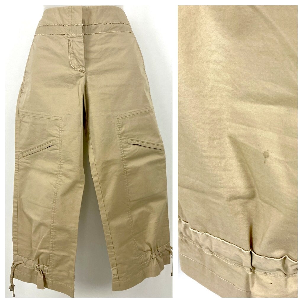 Y2K Tan Khaki Wide Leg Pants Low Rise Cropped Utility Dress Culottes Gaucho Cargo Palazzo Pocket