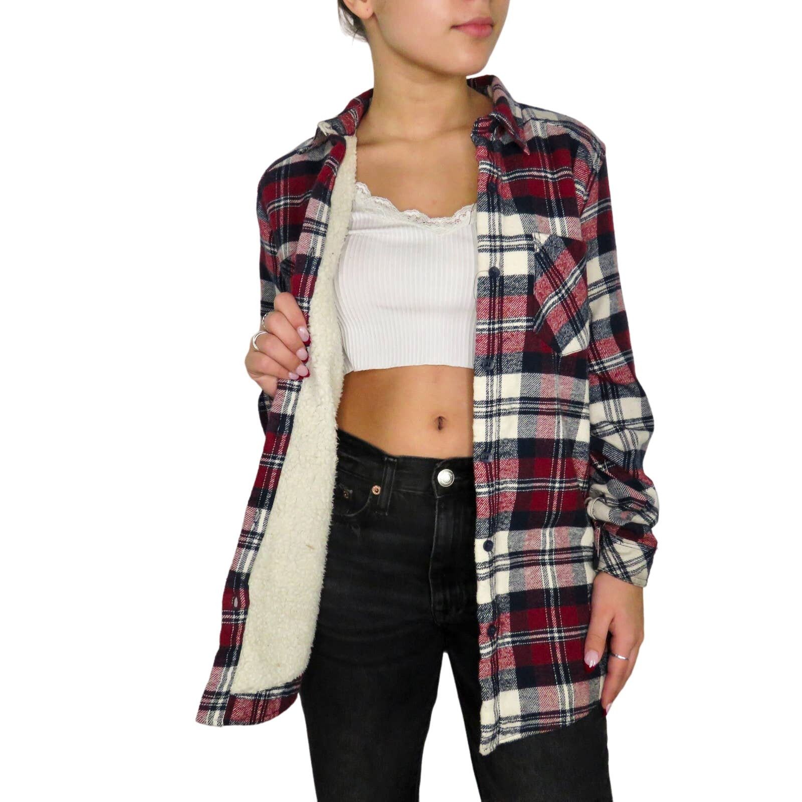 Y2K Urban Outfitters Red Plaid Shacket Sherpa Jacket, Women's (Size Medium)