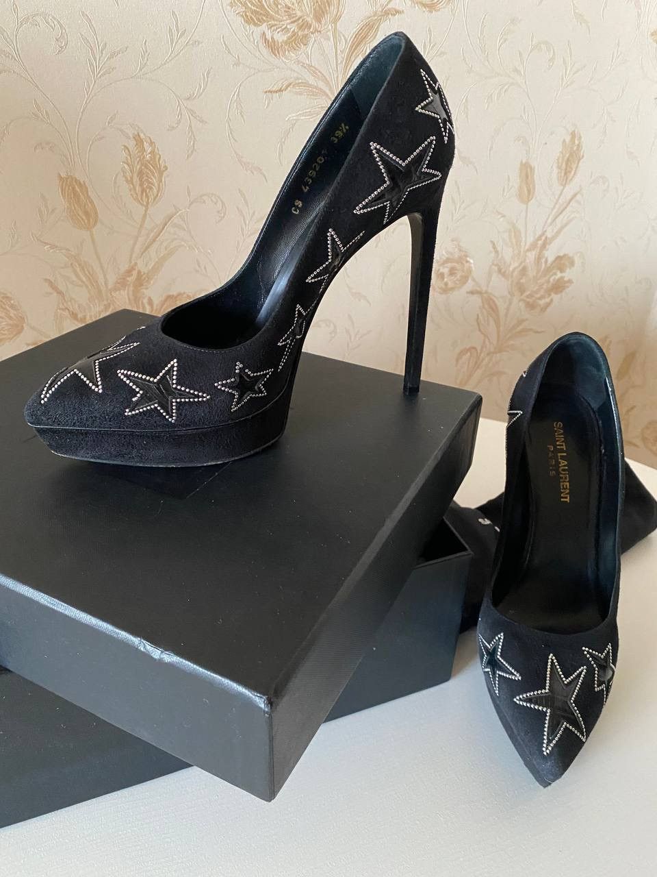 YVES Saint Laurent Black Velvet Star Studded Platform Heel Shoes, Women's (Size 9.5)