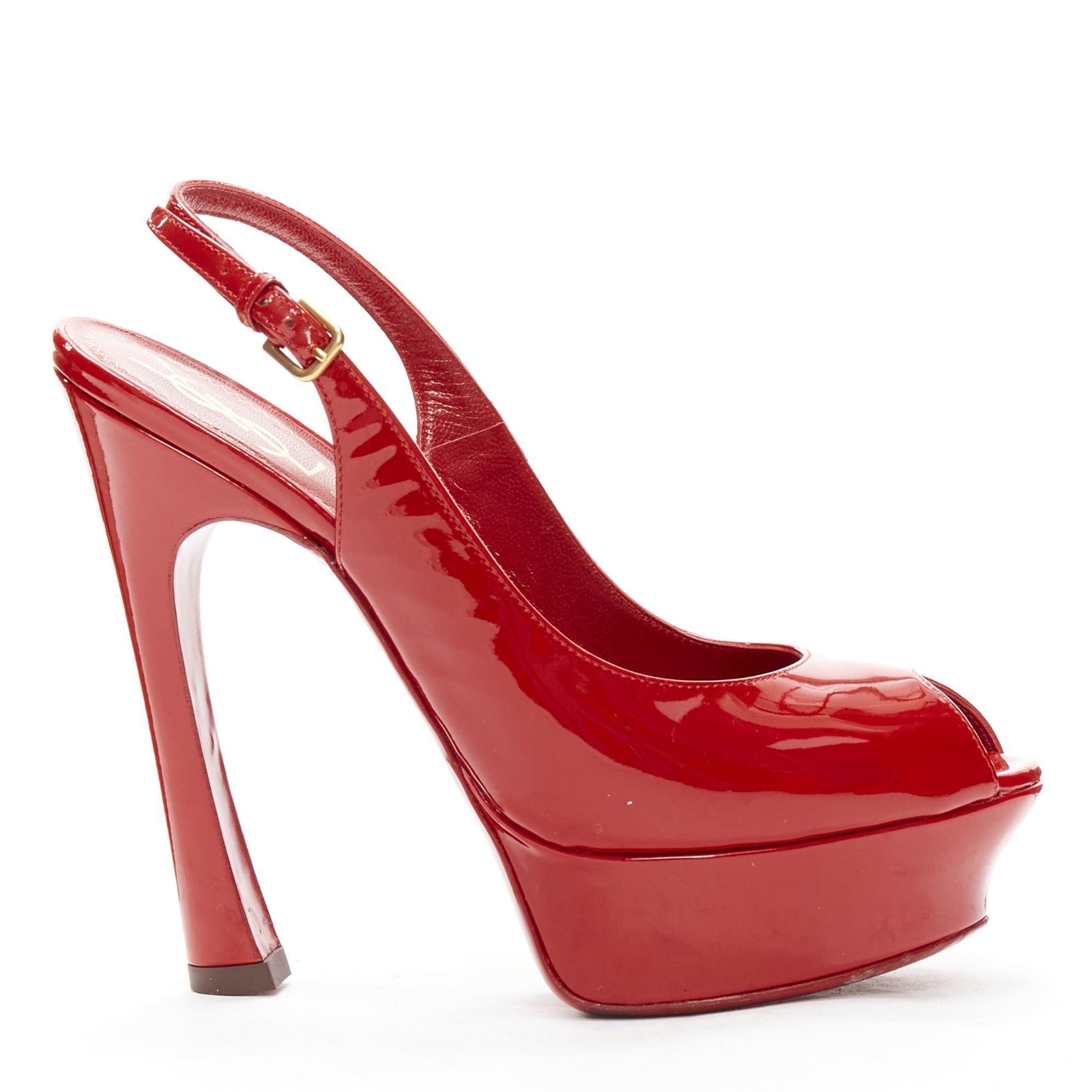 YVES Saint Laurent Red Patent Peep Toe Platform Slingback Heel Shoes Eu36.5, Women's