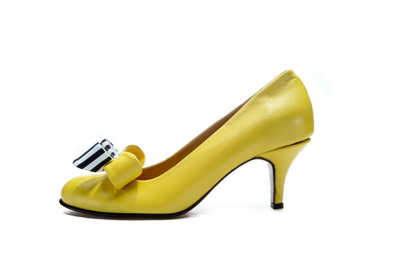 Yellow Bow Mid Heel Shoes/ Bush Stilettos/ Bridal Low Heels/ Handmade Pumps/ Leather Womens Party Shoes