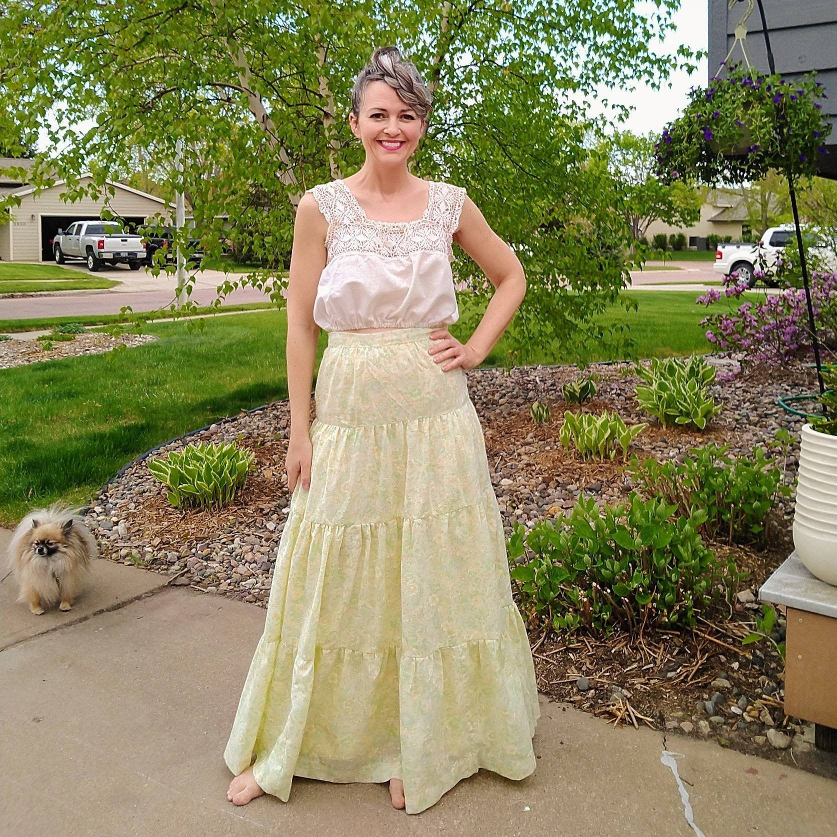 Yellow + Green Tiered Maxi Skirt Vintage 1970's Prairie Boho Homesteader M | O7